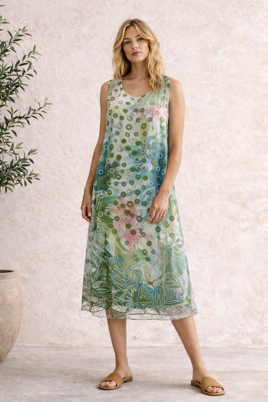 Alison Sheri Sleeveless Dress Mesh Overlay Floral Polka Dot Artsy A-Line Midi M